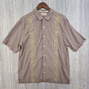 Tommy Bahama Shirt Men's XL Beige Tropical Hawaiian Silk Floral Embroidered Camp